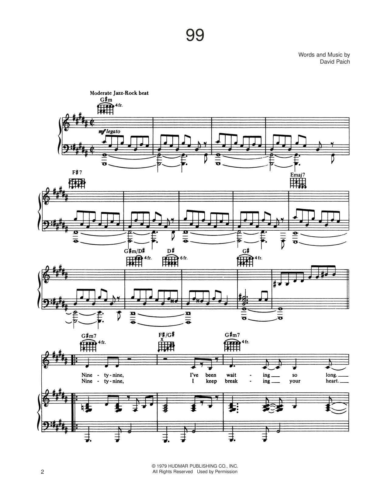 Toto 99 sheet music notes and chords arranged for Piano, Vocal & Guitar Chords (Right-Hand Melody)