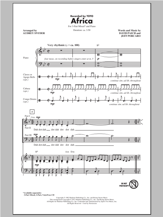 Toto Africa (arr. Audrey Snyder) sheet music notes and chords arranged for 2-Part Choir