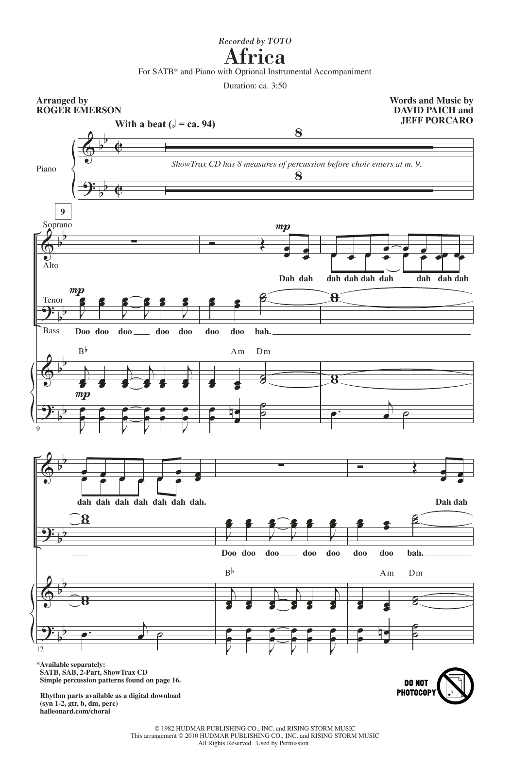 Toto Africa (arr. Roger Emerson) sheet music notes and chords arranged for SAB Choir