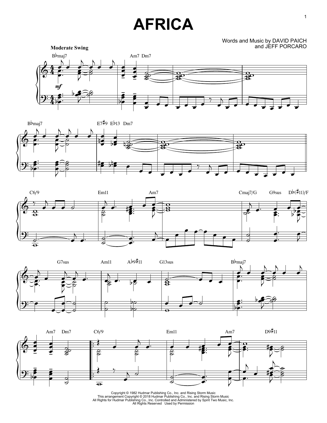 Toto Africa [Jazz version] sheet music notes and chords arranged for Piano Solo