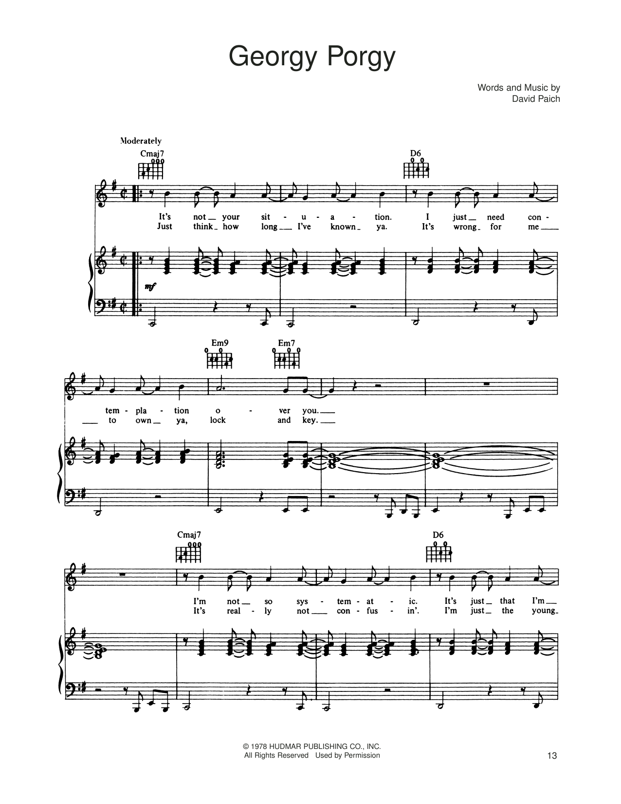 Toto Georgy Porgy sheet music notes and chords arranged for Piano, Vocal & Guitar Chords (Right-Hand Melody)