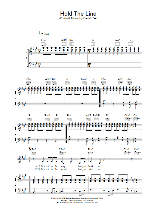 Toto Hold The Line sheet music notes and chords arranged for Piano, Vocal & Guitar Chords (Right-Hand Melody)