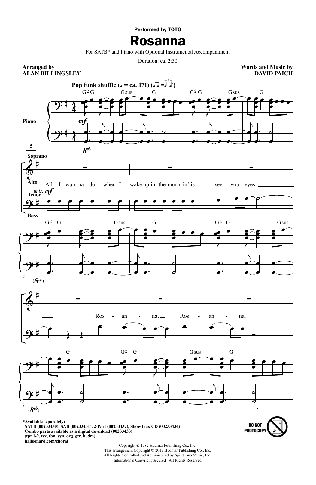 Toto Rosanna (arr. Alan Billingsley) sheet music notes and chords arranged for SAB Choir