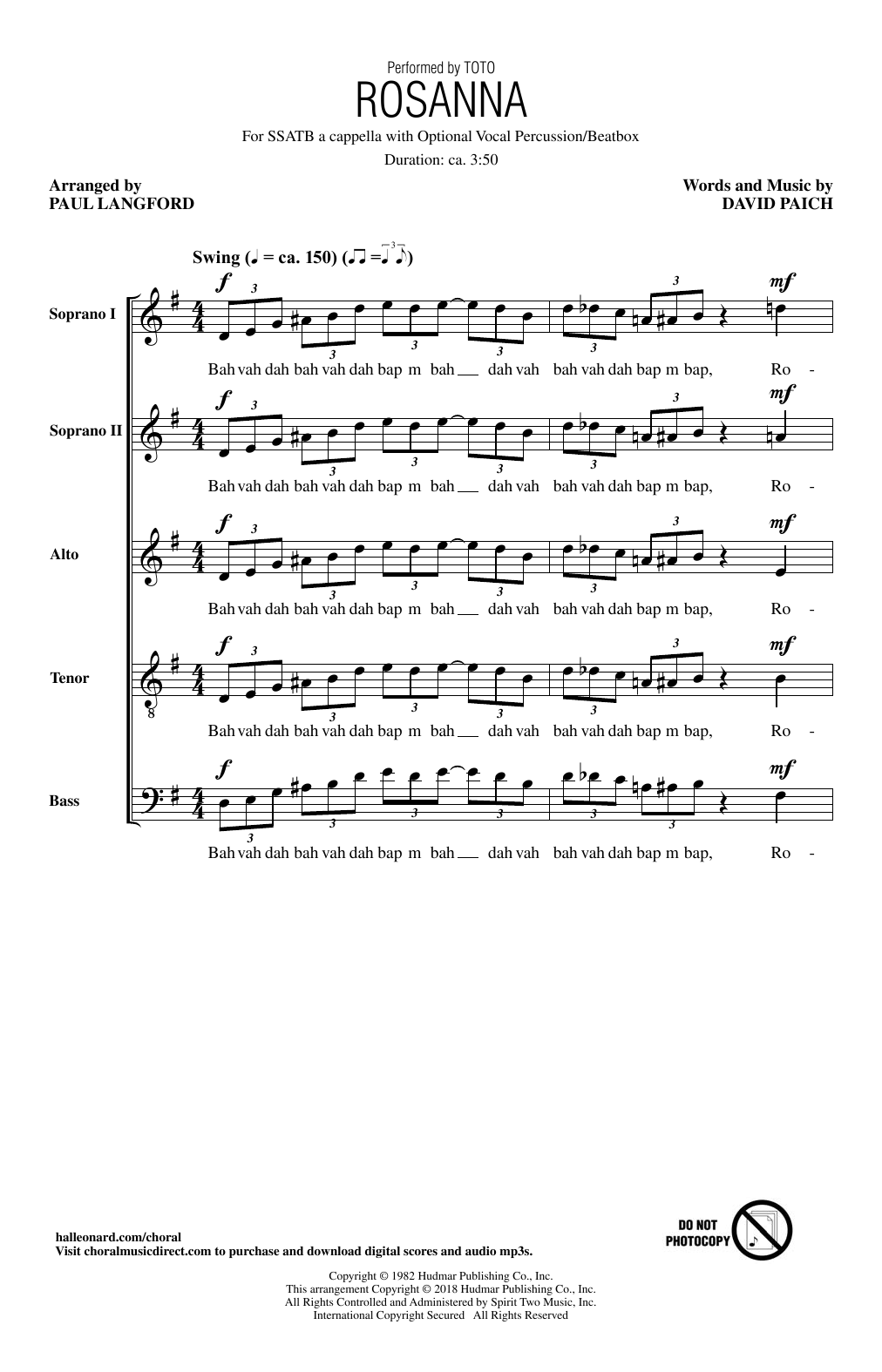 Toto Rosanna (arr. Paul Langford) sheet music notes and chords arranged for SATB Choir