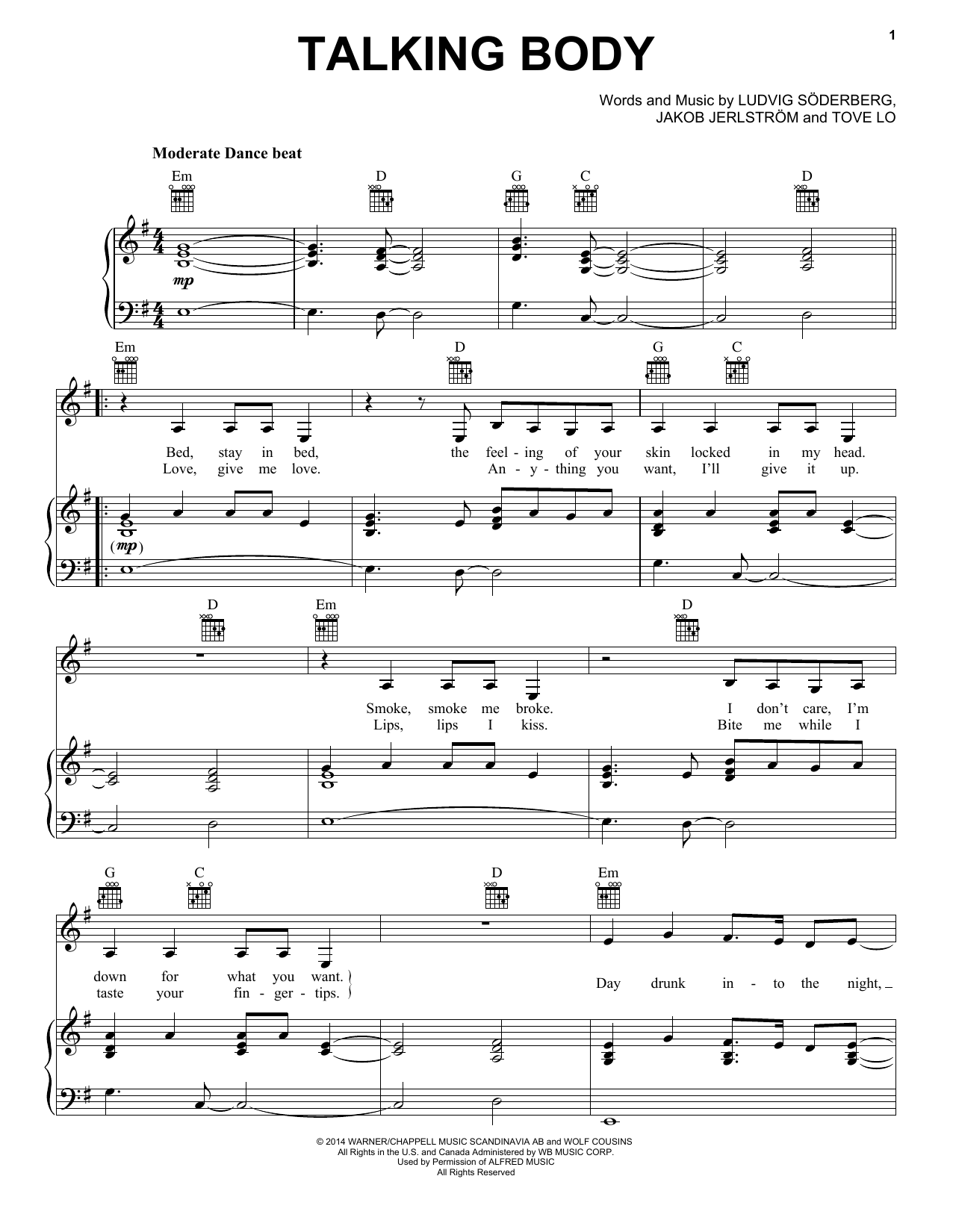 Tove Lo Talking Body sheet music notes and chords arranged for Piano, Vocal & Guitar Chords (Right-Hand Melody)