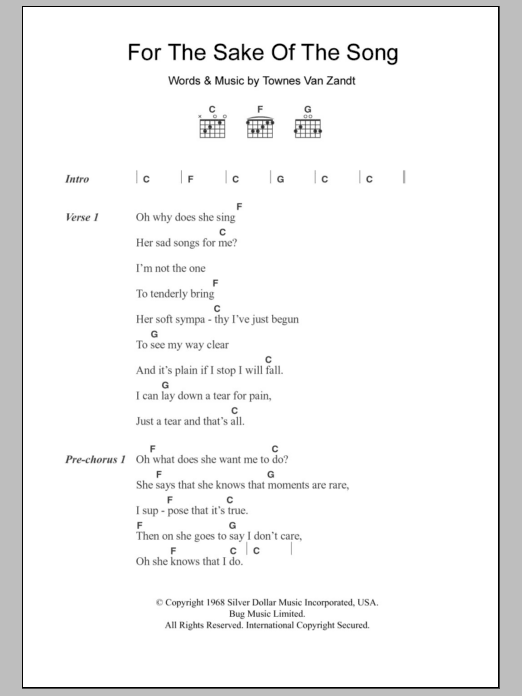 Townes Van Zandt For The Sake Of The Song sheet music notes and chords arranged for Guitar Chords/Lyrics