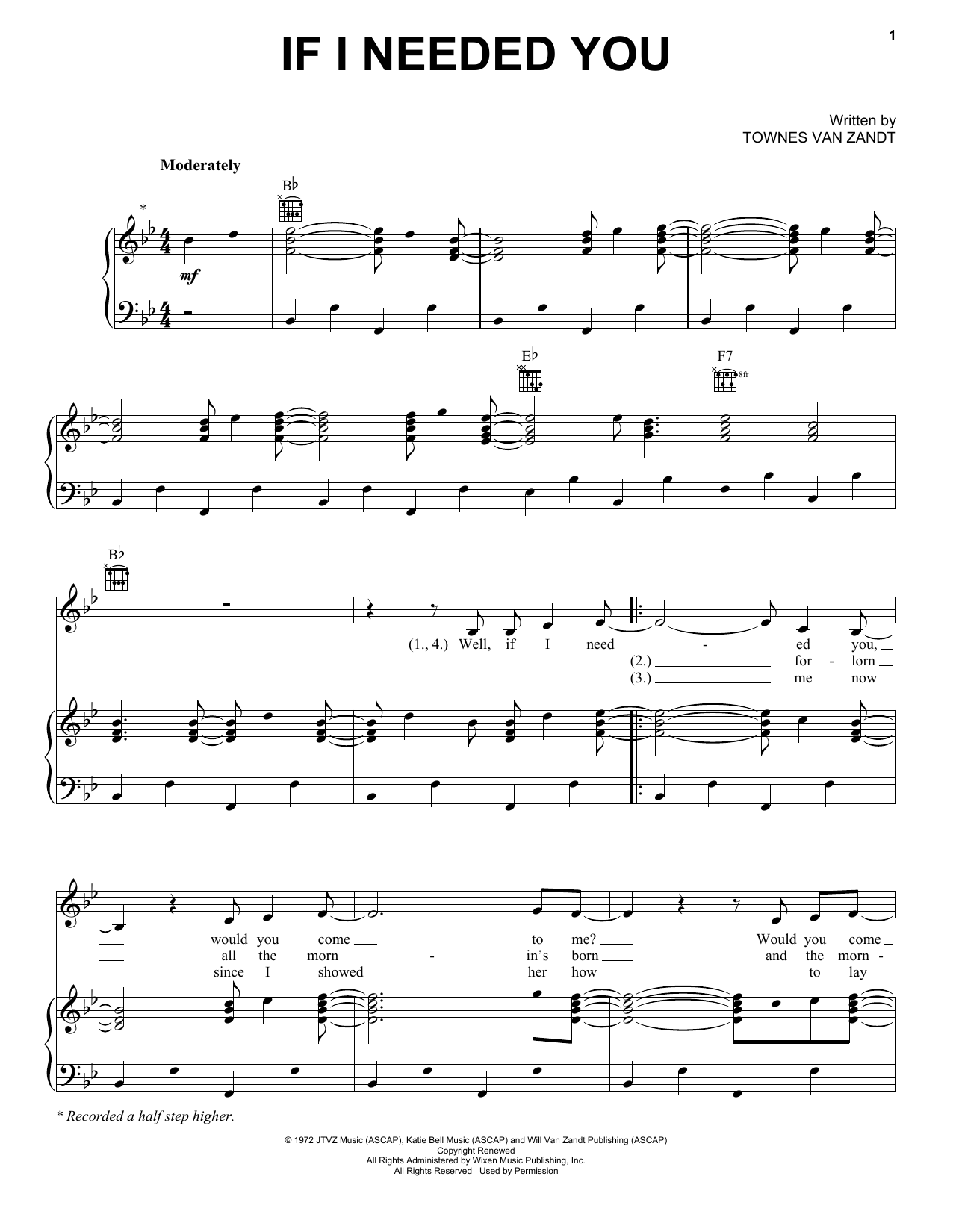 Townes Van Zandt If I Needed You sheet music notes and chords arranged for Piano, Vocal & Guitar Chords (Right-Hand Melody)