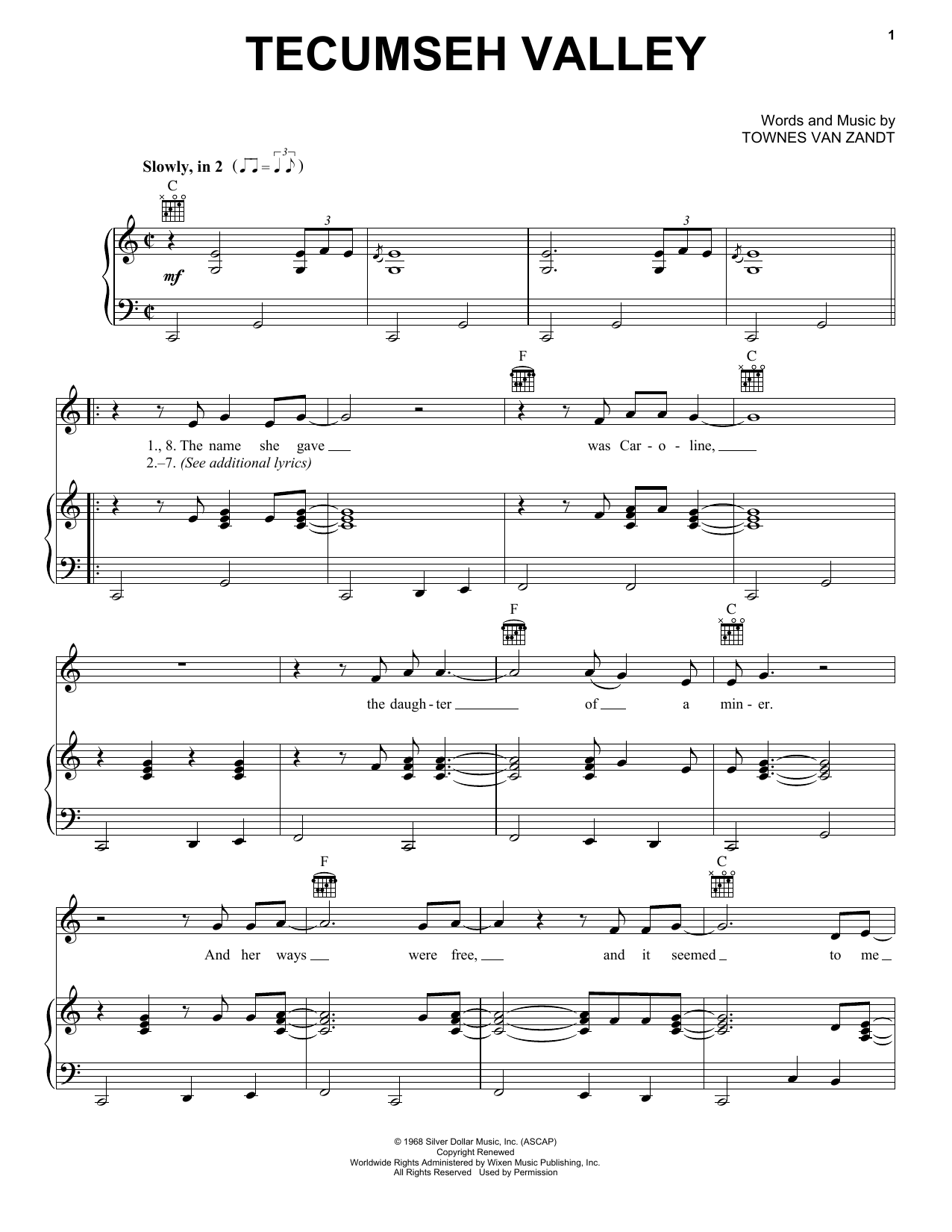 Townes Van Zandt Tecumseh Valley sheet music notes and chords arranged for Piano, Vocal & Guitar Chords (Right-Hand Melody)