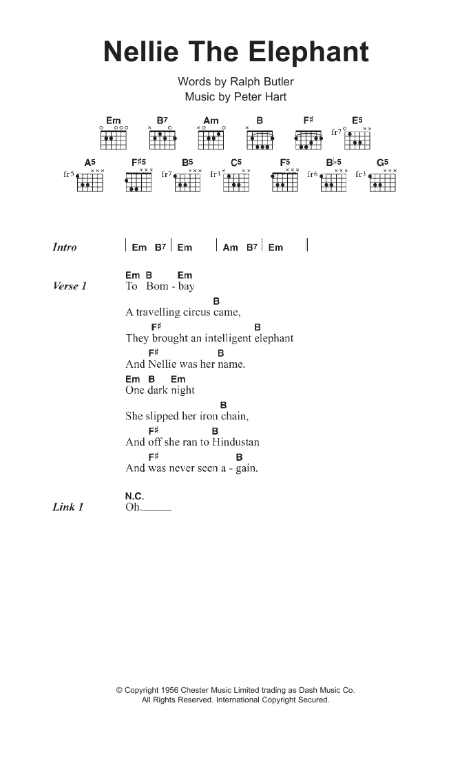 Toy Dolls Nellie The Elephant sheet music notes and chords arranged for Guitar Chords/Lyrics