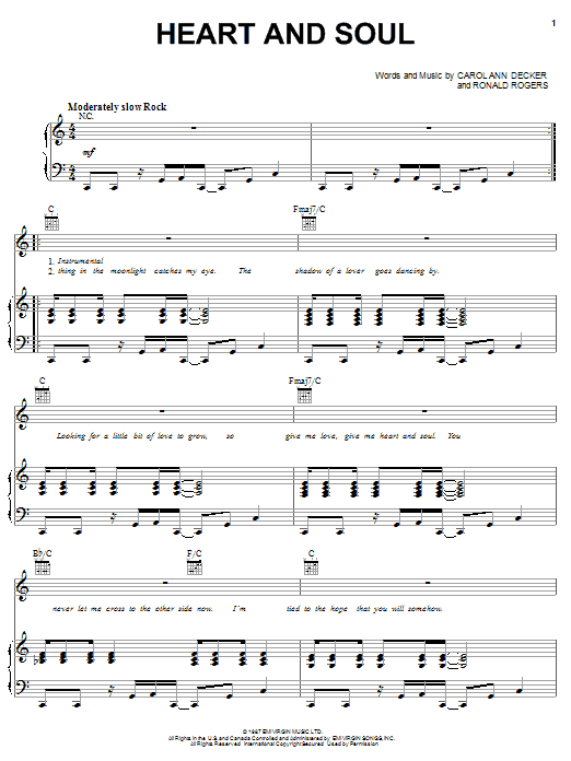 T'Pau Heart And Soul sheet music notes and chords arranged for Piano, Vocal & Guitar Chords (Right-Hand Melody)