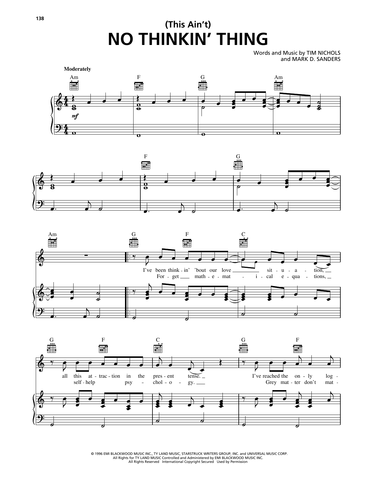 Trace Adkins (This Ain't) No Thinkin' Thing sheet music notes and chords arranged for Piano, Vocal & Guitar Chords (Right-Hand Melody)