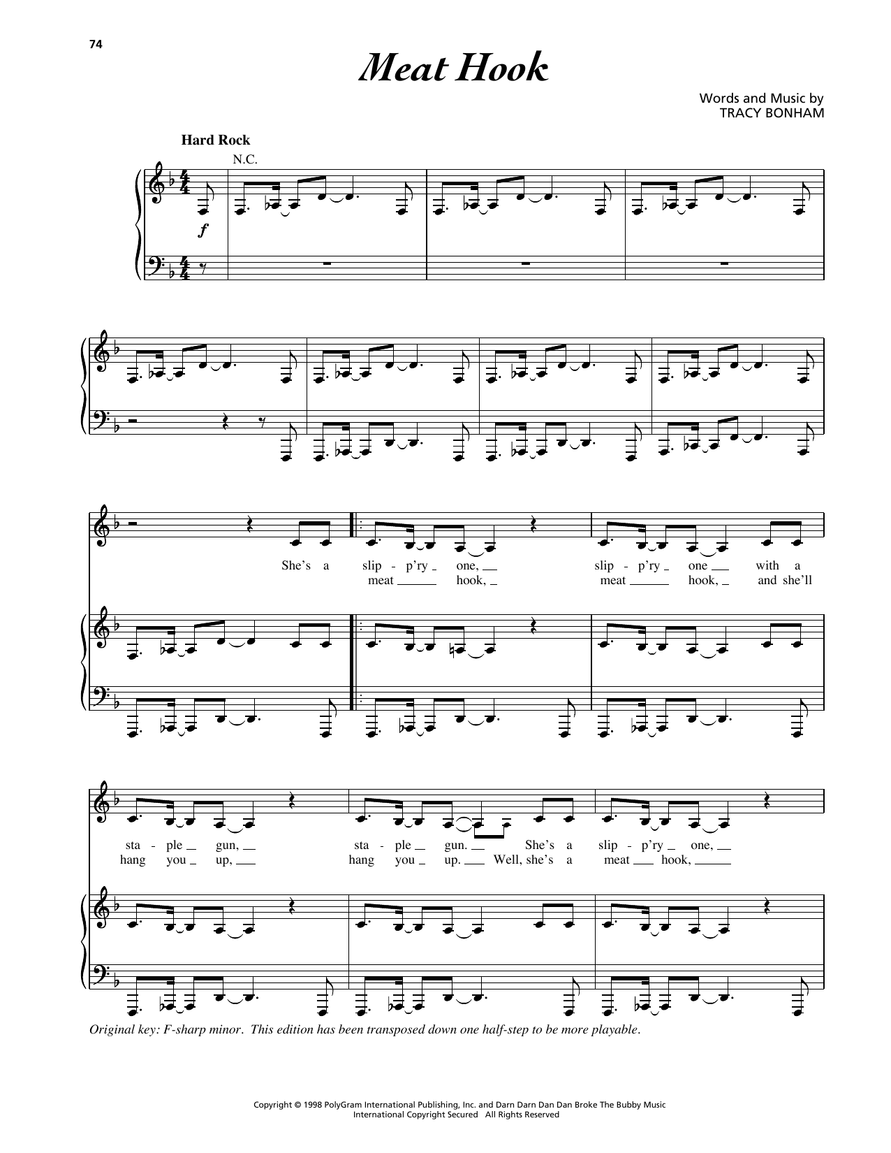 Tracy Bonham Meat Hook sheet music notes and chords arranged for Piano, Vocal & Guitar Chords (Right-Hand Melody)