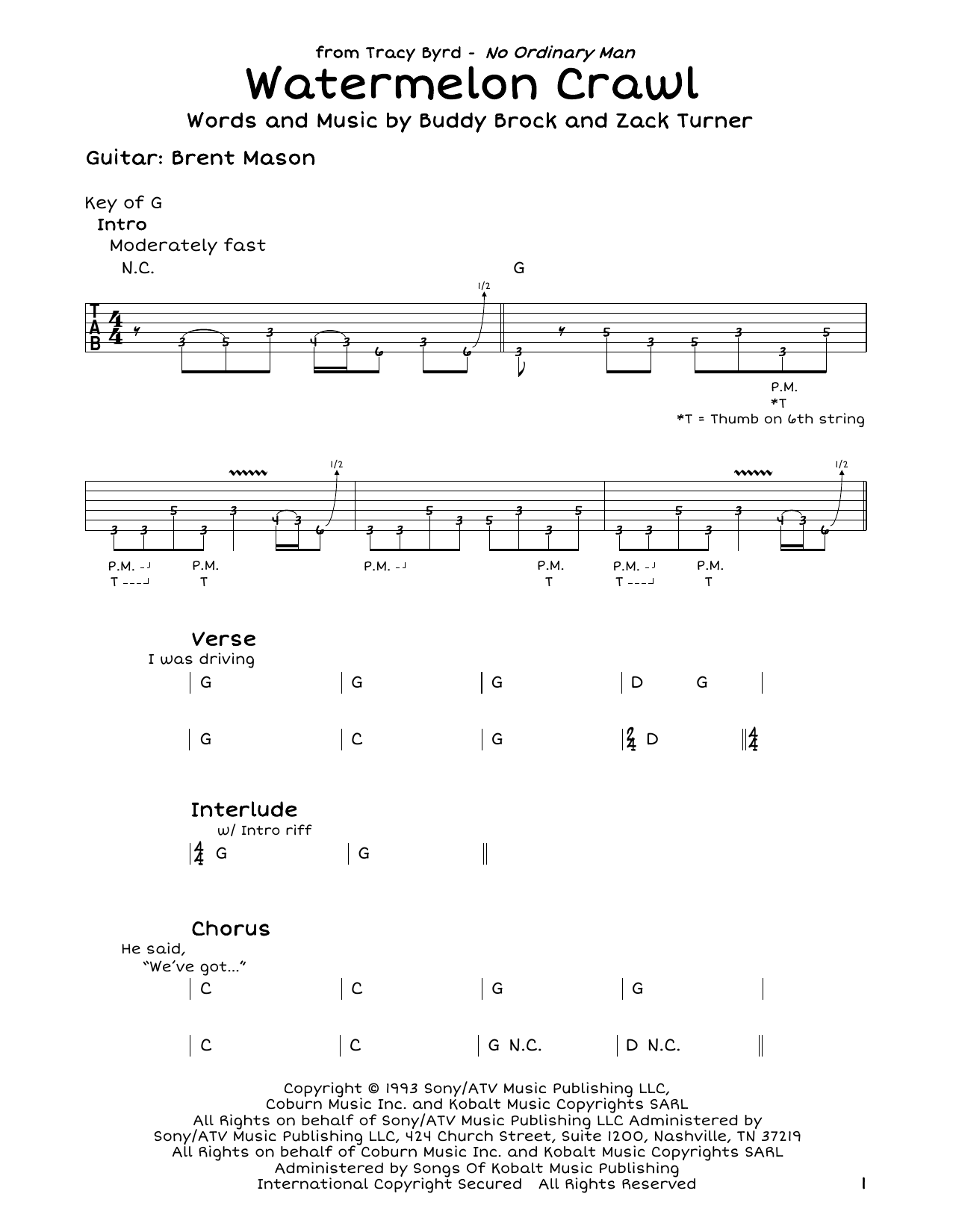 Tracy Byrd Watermelon Crawl sheet music notes and chords arranged for Guitar Lead Sheet