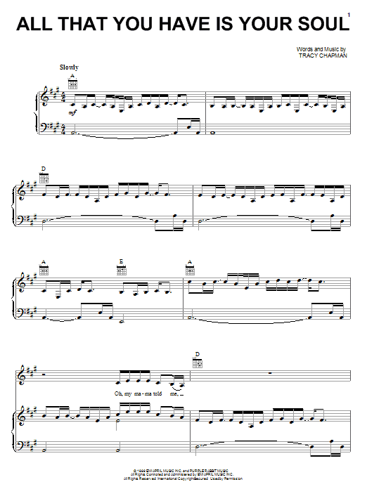 Tracy Chapman All That You Have Is Your Soul sheet music notes and chords arranged for Piano, Vocal & Guitar Chords (Right-Hand Melody)
