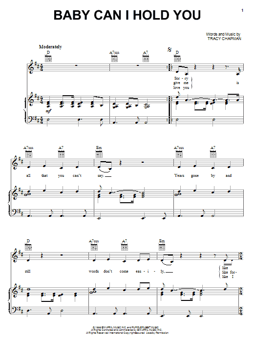 Tracy Chapman Baby Can I Hold You sheet music notes and chords arranged for Guitar Chords/Lyrics