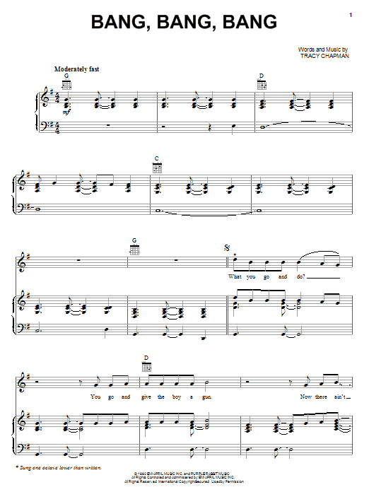 Tracy Chapman Bang Bang Bang sheet music notes and chords arranged for Piano, Vocal & Guitar Chords (Right-Hand Melody)