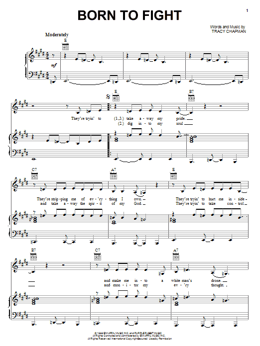 Tracy Chapman Born To Fight sheet music notes and chords arranged for Piano, Vocal & Guitar Chords (Right-Hand Melody)