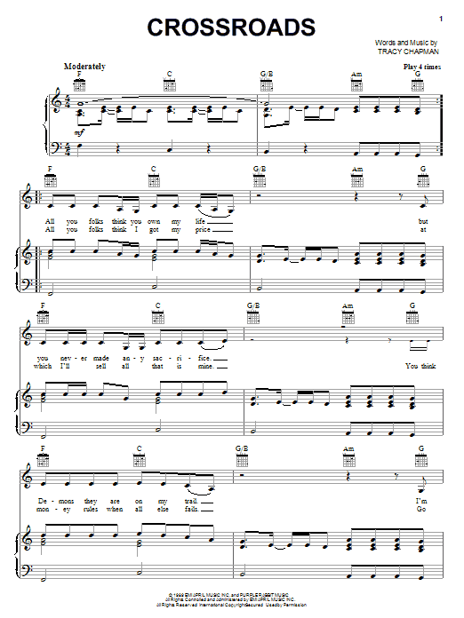 Tracy Chapman Crossroads sheet music notes and chords arranged for Piano, Vocal & Guitar Chords (Right-Hand Melody)