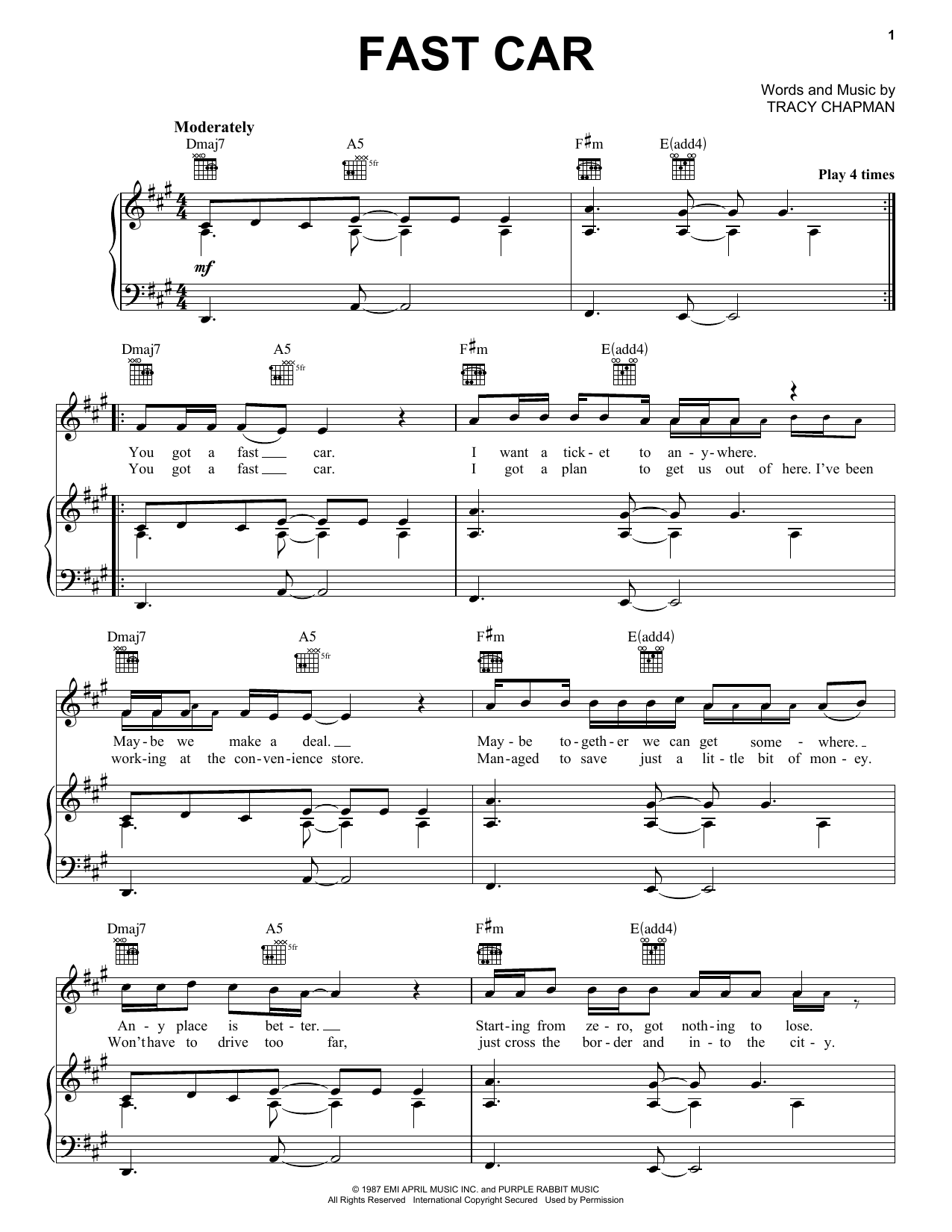 Tracy Chapman Fast Car sheet music notes and chords arranged for Easy Guitar