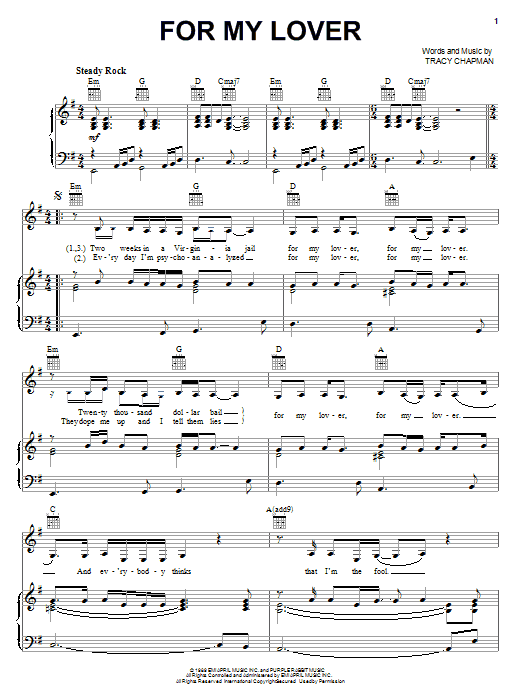 Tracy Chapman For My Lover sheet music notes and chords arranged for Piano, Vocal & Guitar Chords (Right-Hand Melody)