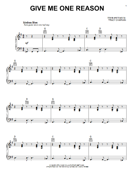 Tracy Chapman Give Me One Reason sheet music notes and chords arranged for Piano, Vocal & Guitar Chords (Right-Hand Melody)
