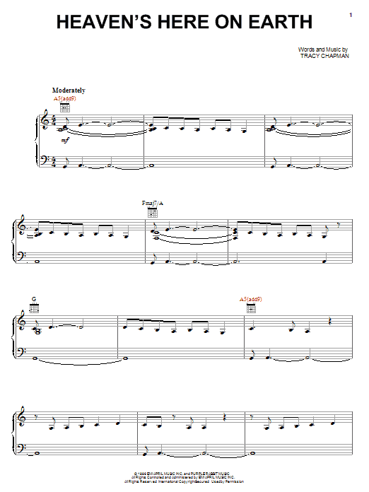 Tracy Chapman Heaven's Here On Earth sheet music notes and chords arranged for Piano, Vocal & Guitar Chords (Right-Hand Melody)