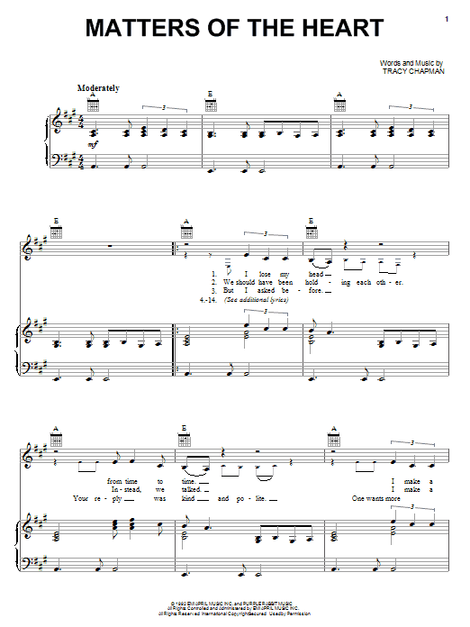 Tracy Chapman Matters Of The Heart sheet music notes and chords arranged for Piano, Vocal & Guitar Chords (Right-Hand Melody)
