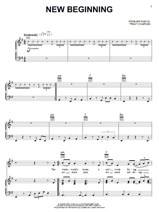 Tracy Chapman New Beginning sheet music notes and chords arranged for Piano, Vocal & Guitar Chords (Right-Hand Melody)