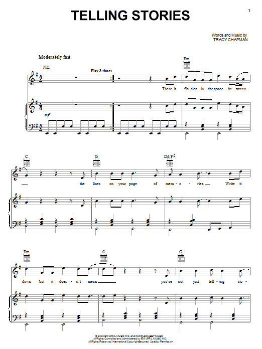 Tracy Chapman Telling Stories sheet music notes and chords arranged for Piano, Vocal & Guitar Chords (Right-Hand Melody)