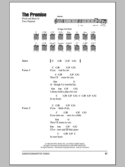 Tracy Chapman The Promise sheet music notes and chords arranged for Guitar Chords/Lyrics