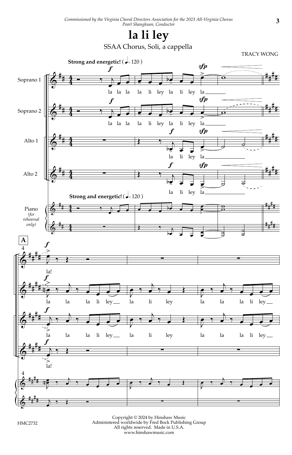 Tracy Wong la li ley sheet music notes and chords arranged for SSAA Choir