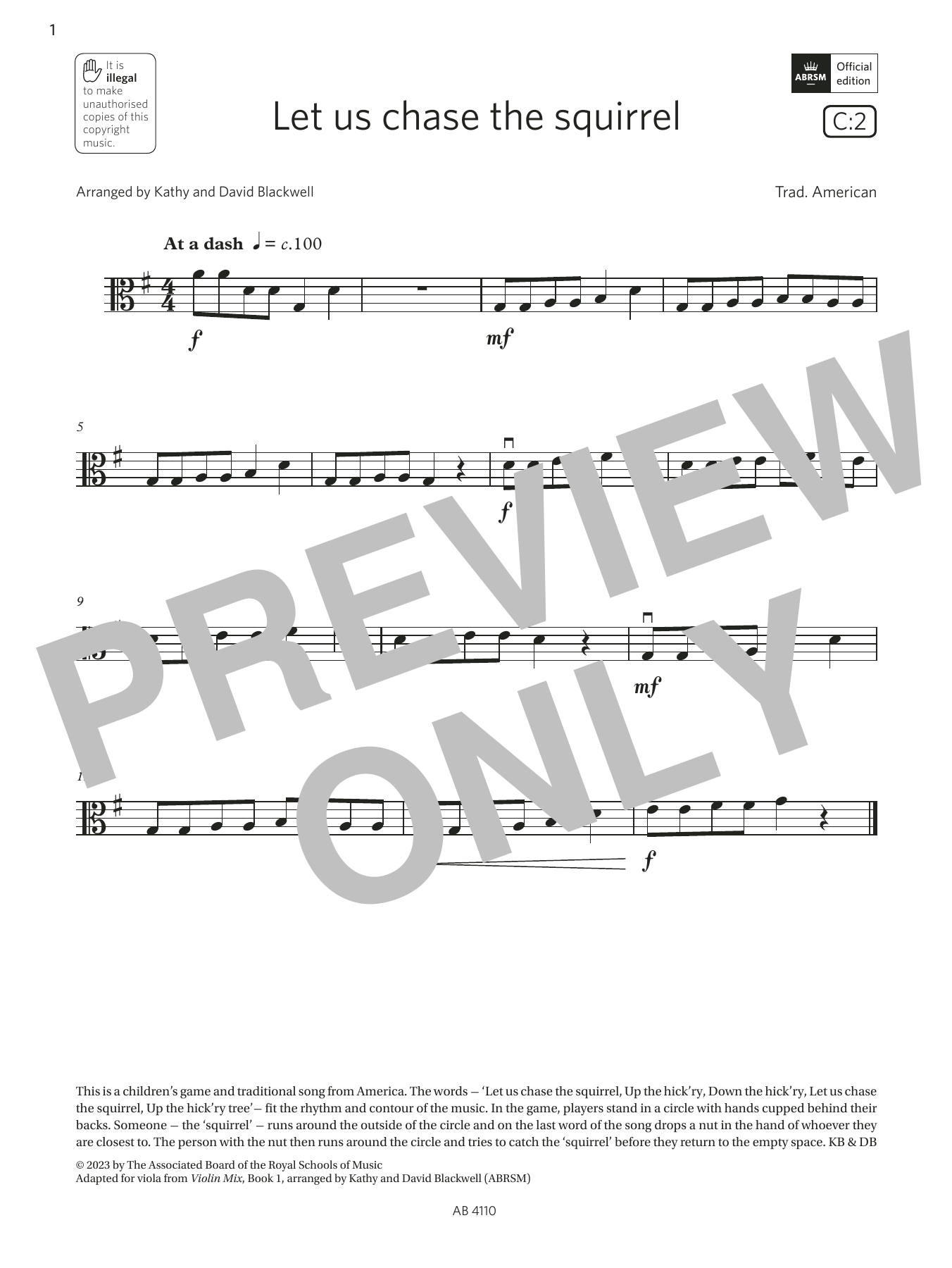 Trad. American Let us chase the squirrel (Grade Initial, C2, from the ABRSM Viola Syllabus from 2024) sheet music notes and chords arranged for Viola Solo