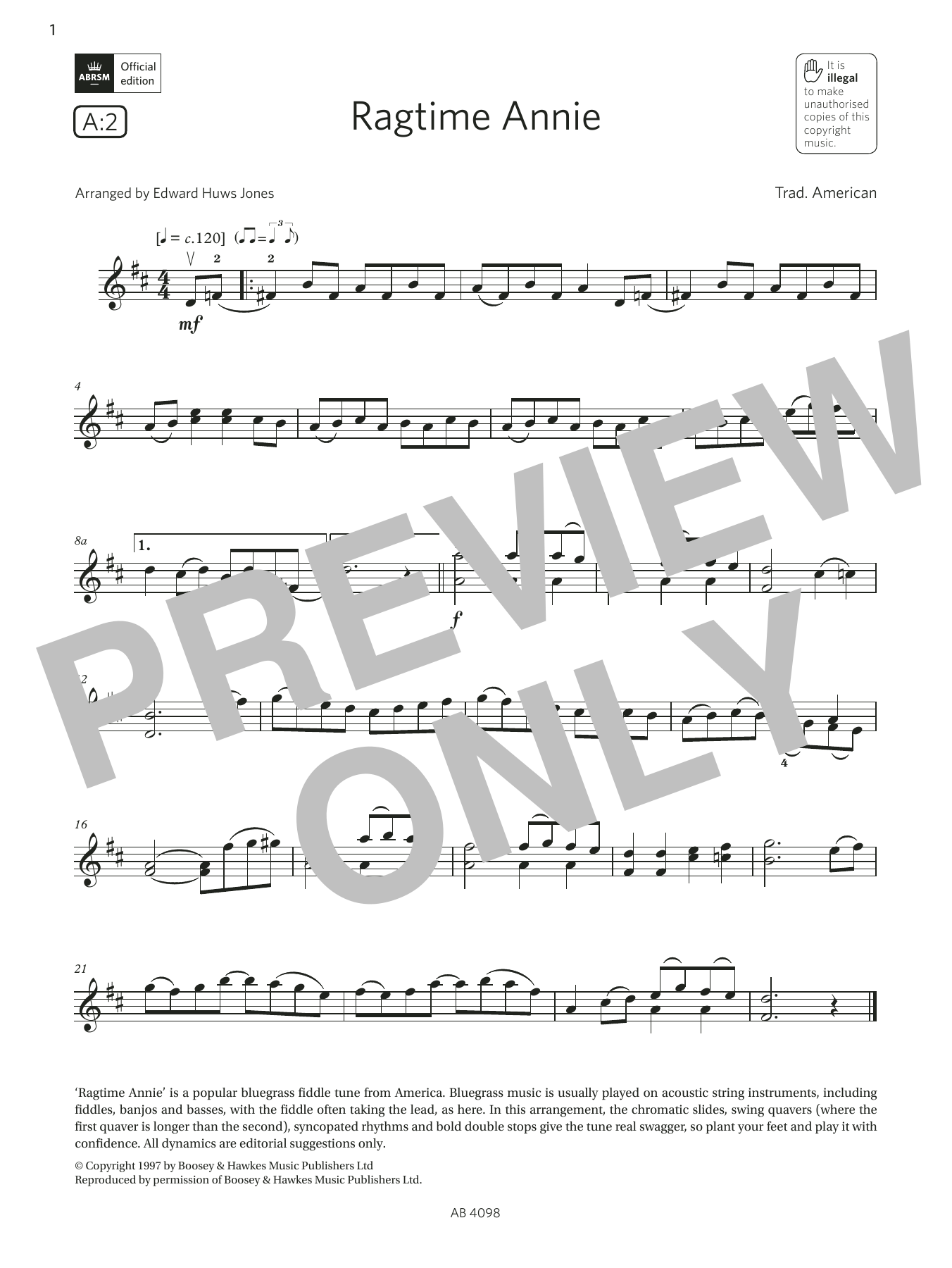 Trad. American Ragtime Annie (Grade 4, A2, from the ABRSM Violin Syllabus from 2024) sheet music notes and chords arranged for Violin Solo
