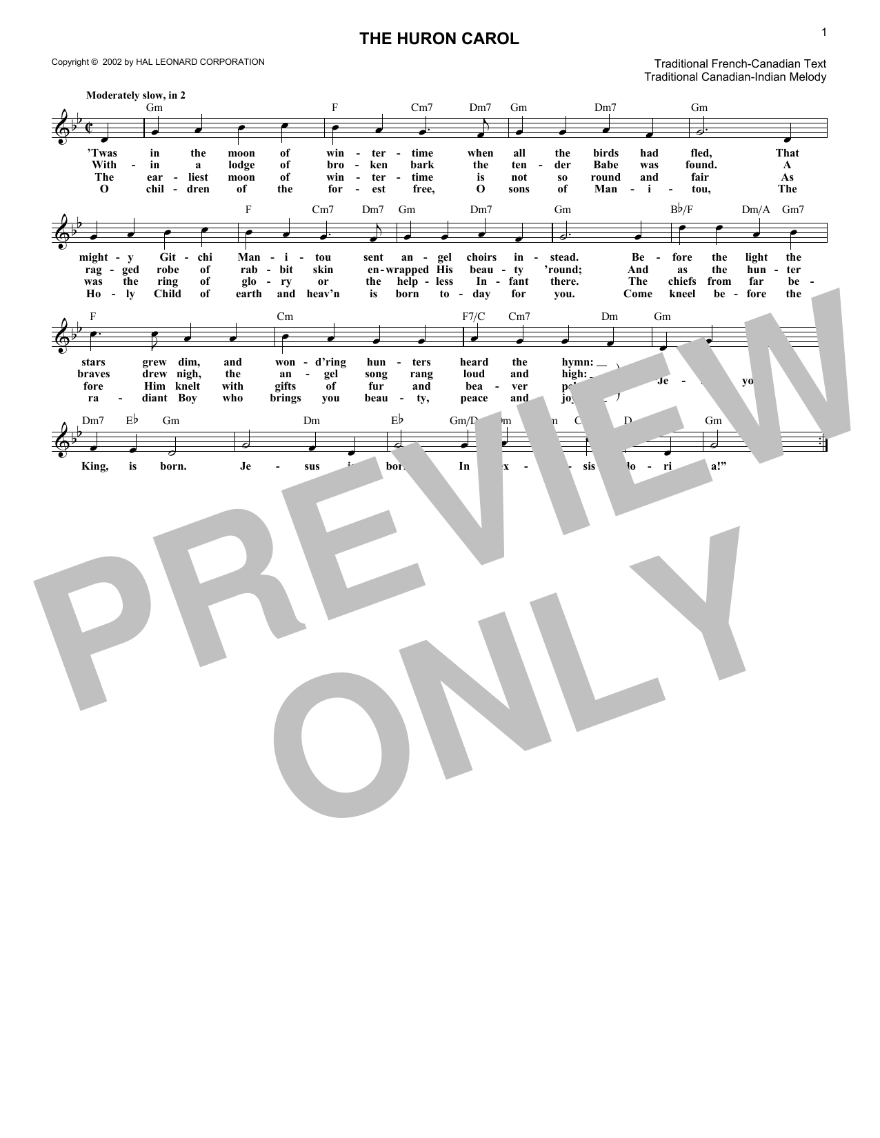 Traditional The Huron Carol sheet music notes and chords arranged for Lead Sheet / Fake Book
