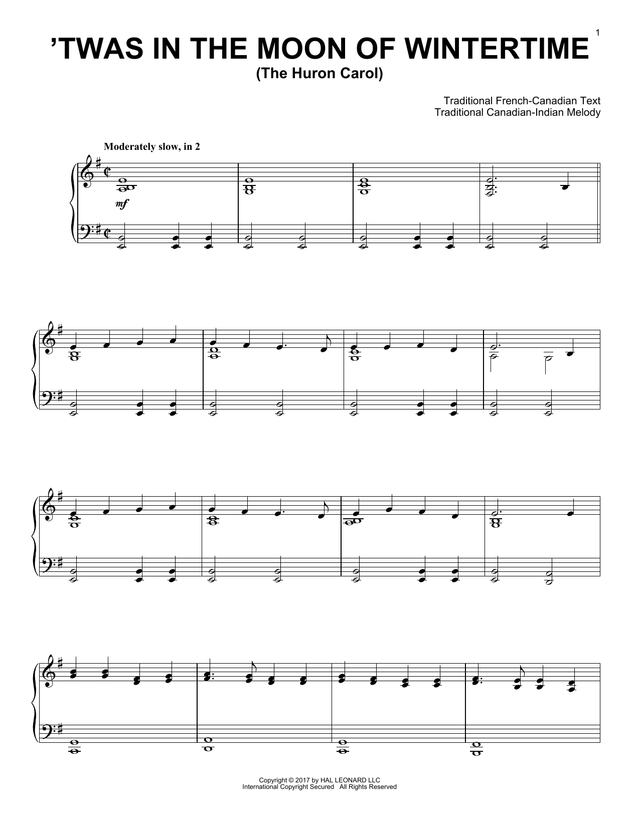 Trad. Canadian-Indian Melody The Huron Carol ('Twas In The Moon Of Wintertime) sheet music notes and chords arranged for Lead Sheet / Fake Book