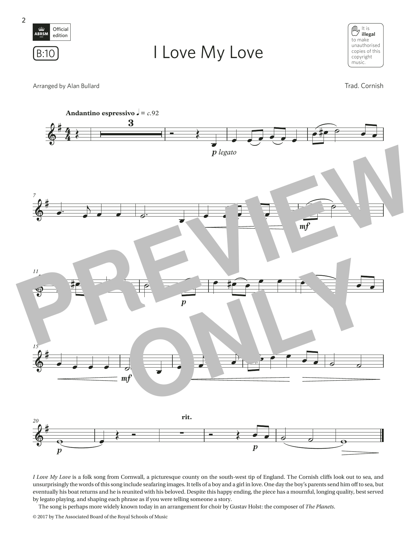 Trad. Cornish I Love My Love  (Grade 2 List B10 from the ABRSM Clarinet syllabus from 2022) sheet music notes and chords arranged for Clarinet Solo