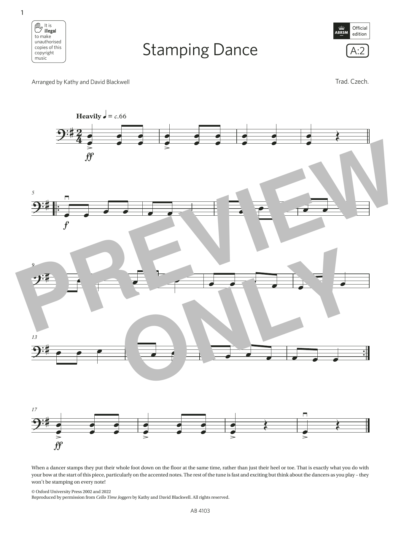 Trad. Czech Stamping Dance (Grade Initial, A2, from the ABRSM Cello Syllabus from 2024) sheet music notes and chords arranged for Cello Solo