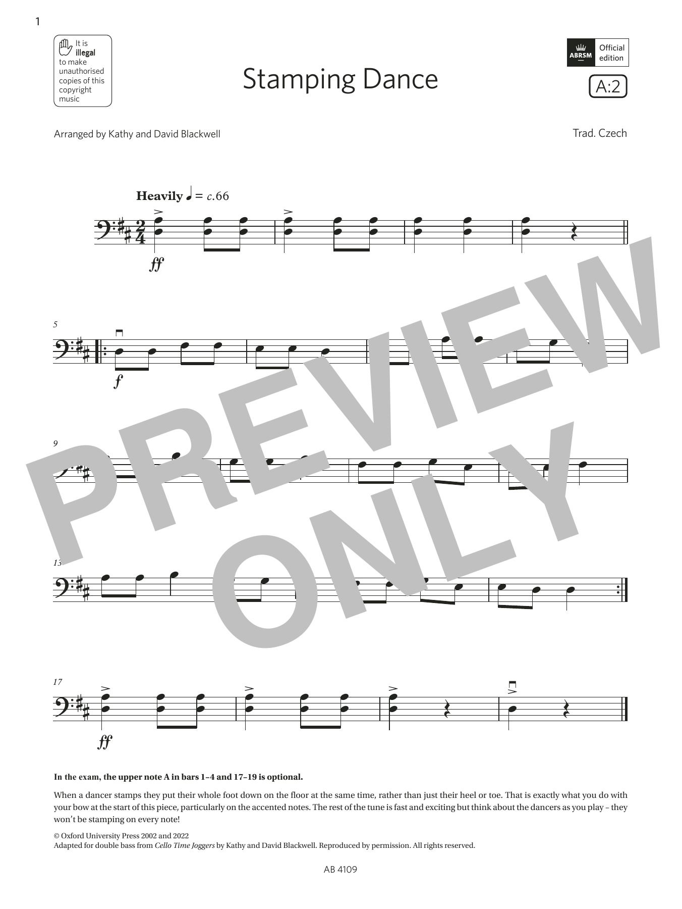 Trad. Czech Stamping Dance (Grade Initial, A2, from the ABRSM Double Bass Syllabus from 2024) sheet music notes and chords arranged for String Bass Solo