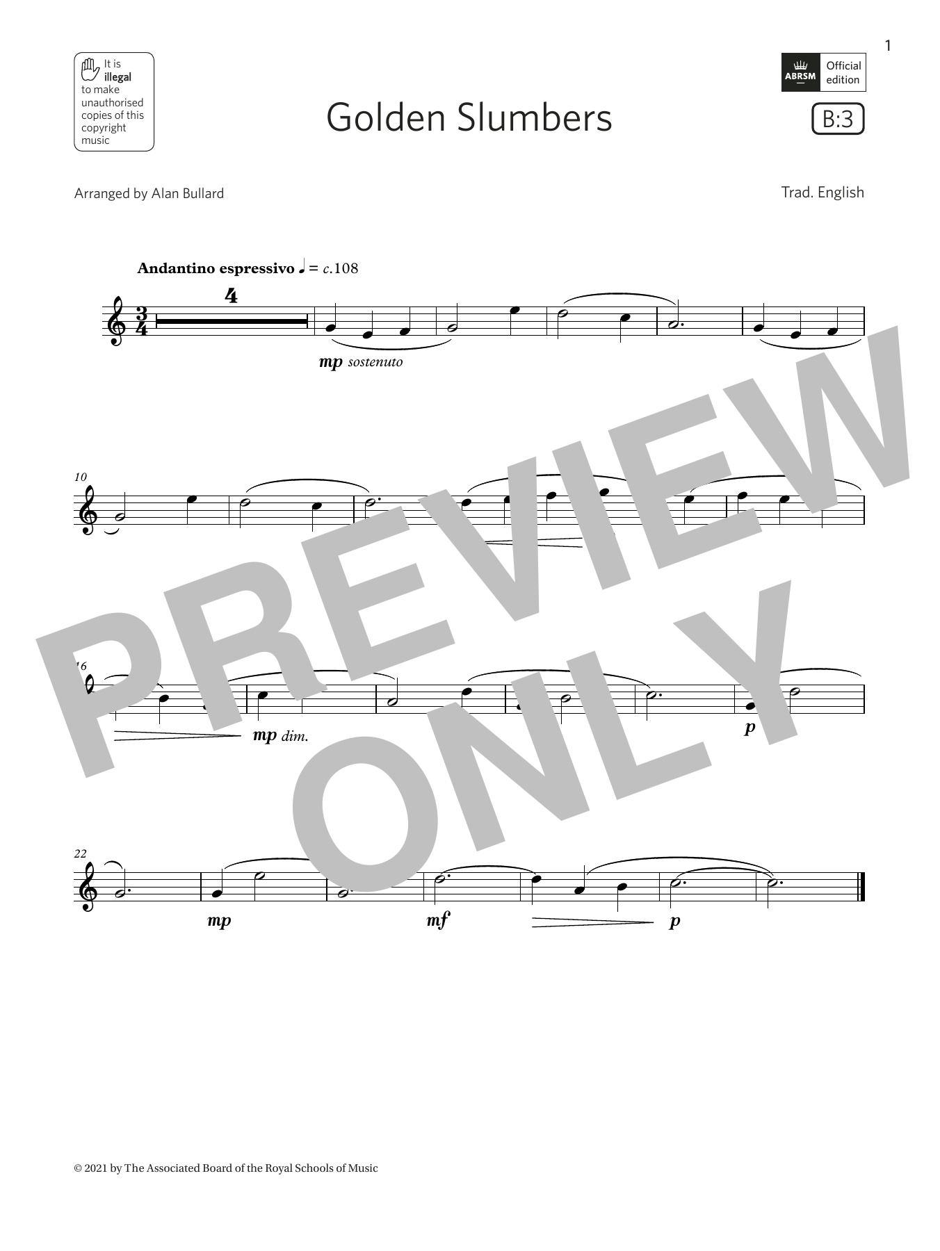 Trad. English Golden Slumbers  (Grade 1 List B3 from the ABRSM Flute syllabus from 2022) sheet music notes and chords arranged for Flute Solo
