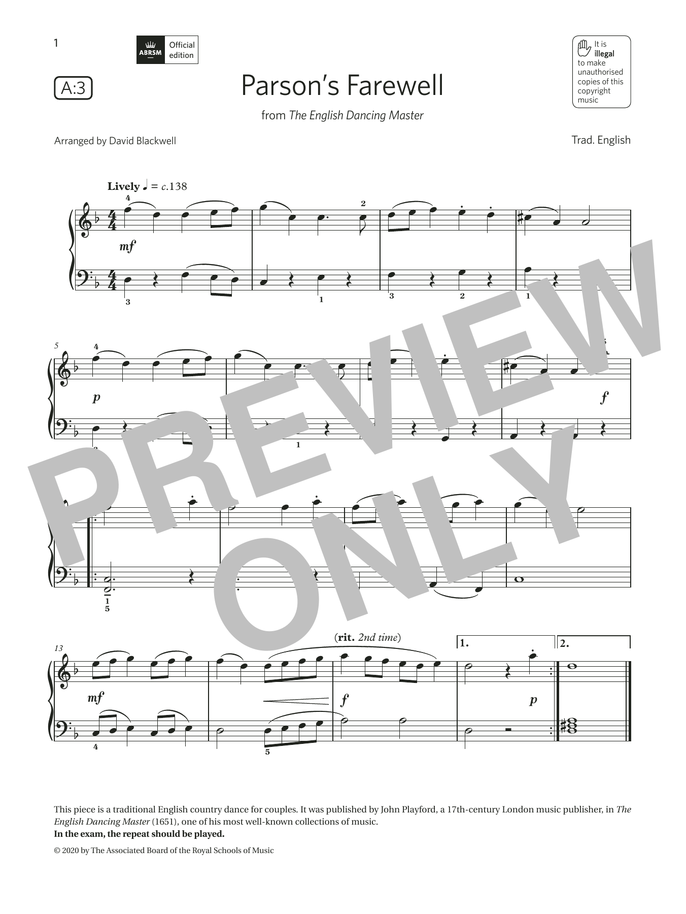 Trad. English Parson's Farewell (Grade 1, list A3, from the ABRSM Piano Syllabus 2021 & 2022) sheet music notes and chords arranged for Piano Solo