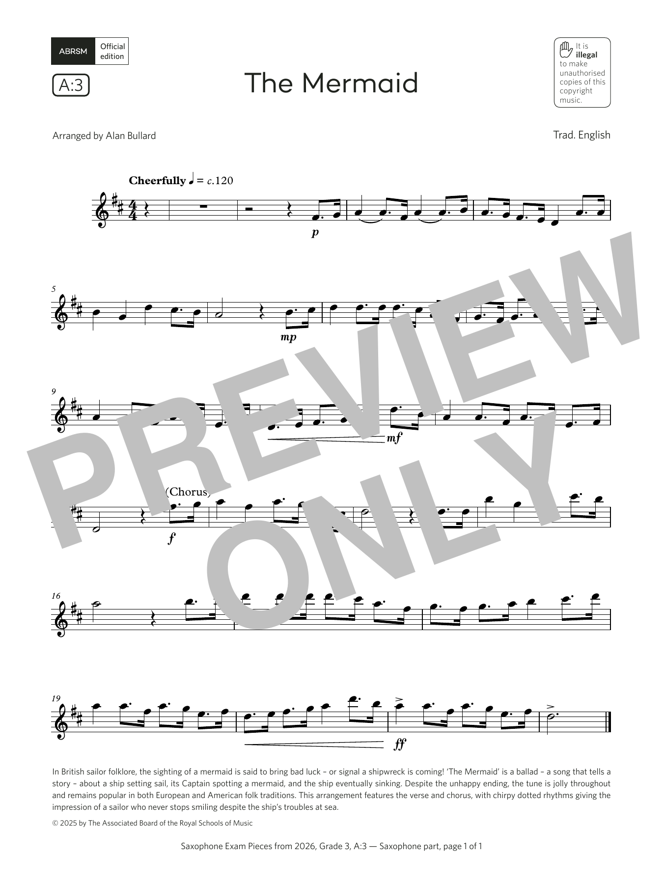 Trad. English The Mermaid (Grade 3, list A3, from the ABRSM Saxophone Syllabus from 2026) sheet music notes and chords arranged for Alto Sax Solo