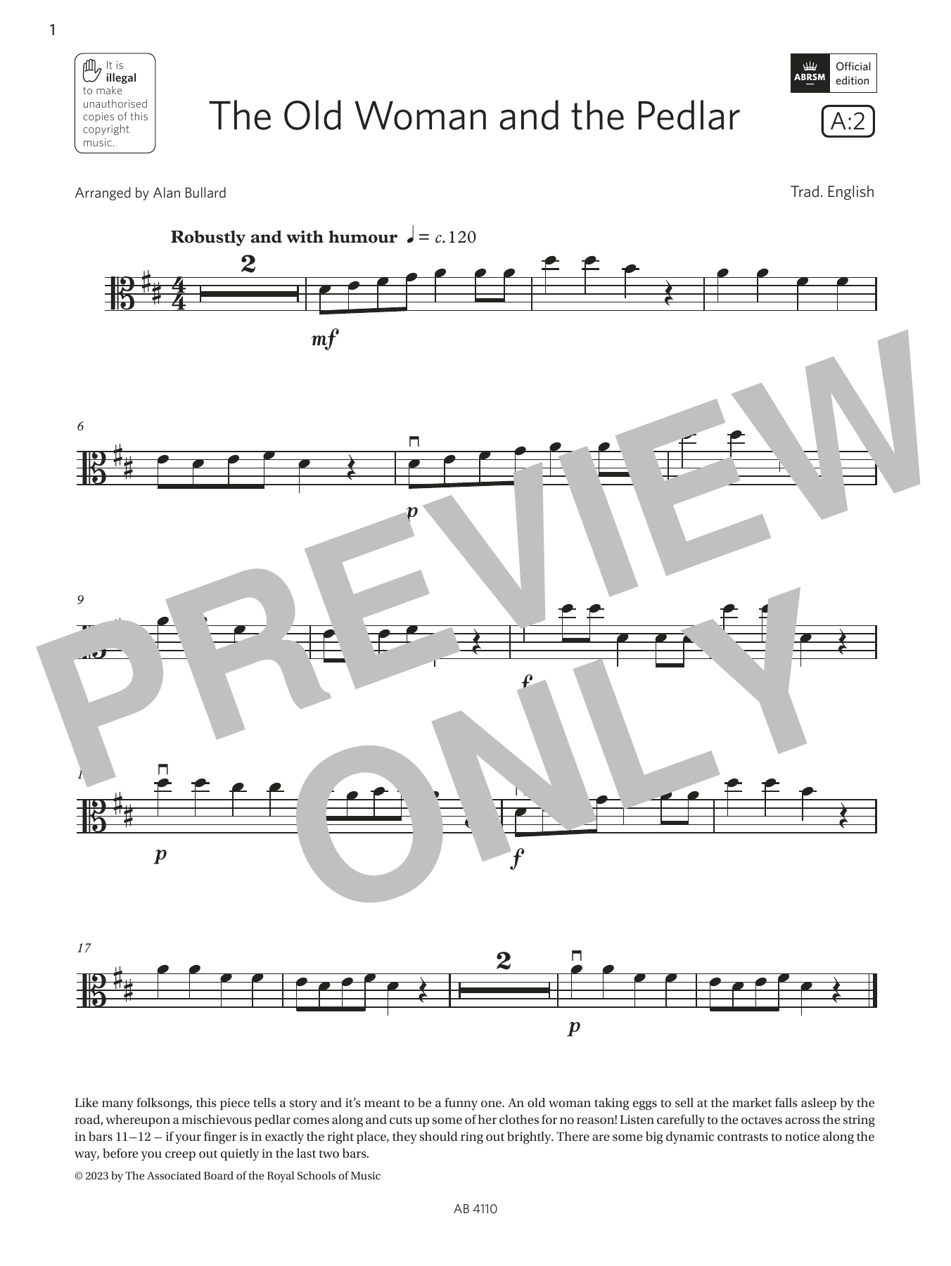 Trad. English The Old Woman and the Pedlar (Grade Initial, A2, from the ABRSM Viola Syllabus from 2024) sheet music notes and chords arranged for Viola Solo