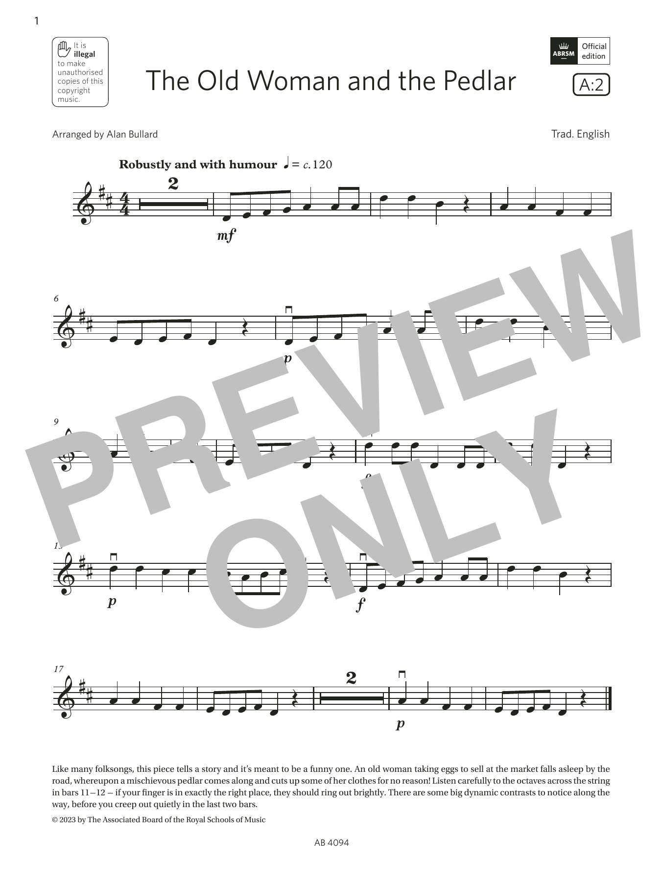 Trad. English The Old Woman and the Pedlar (Grade Initial, A2, from the ABRSM Violin Syllabus from 2024) sheet music notes and chords arranged for Violin Solo
