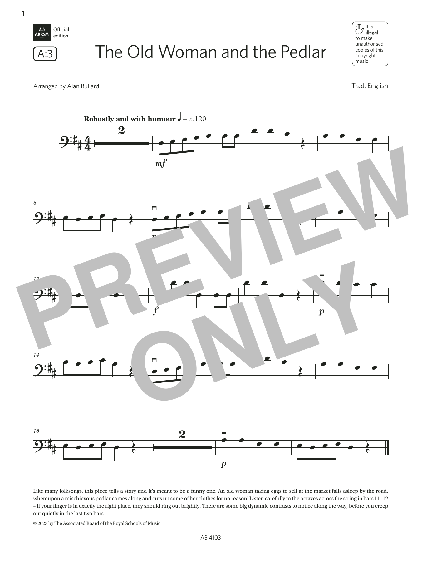 Trad. English The Old Woman and the Pedlar (Grade Initial, A3, from the ABRSM Cello Syllabus from 2024) sheet music notes and chords arranged for Cello Solo