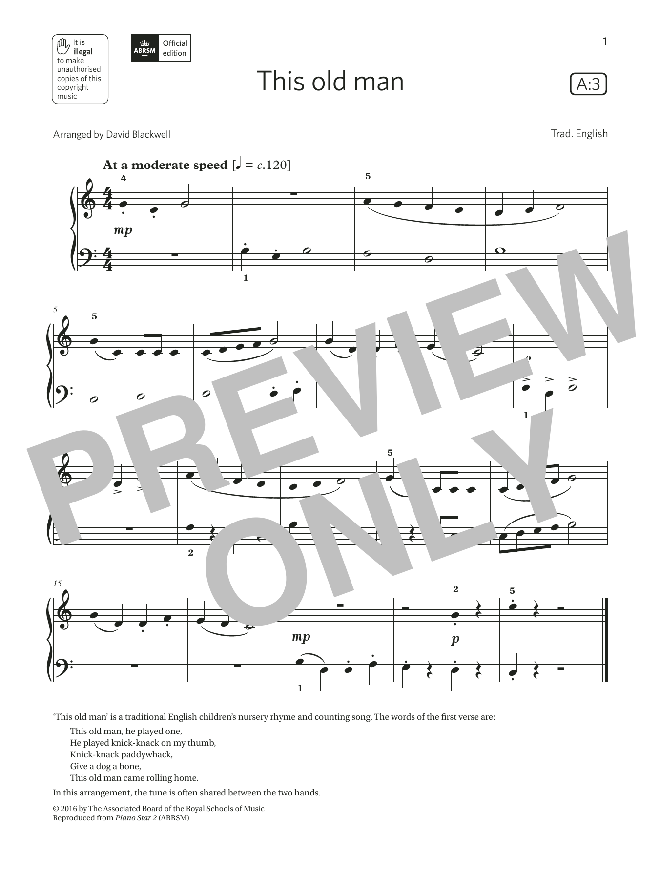 Trad. English This old man (Grade Initial, list A3, from the ABRSM Piano Syllabus 2021 & 2022) sheet music notes and chords arranged for Piano Solo
