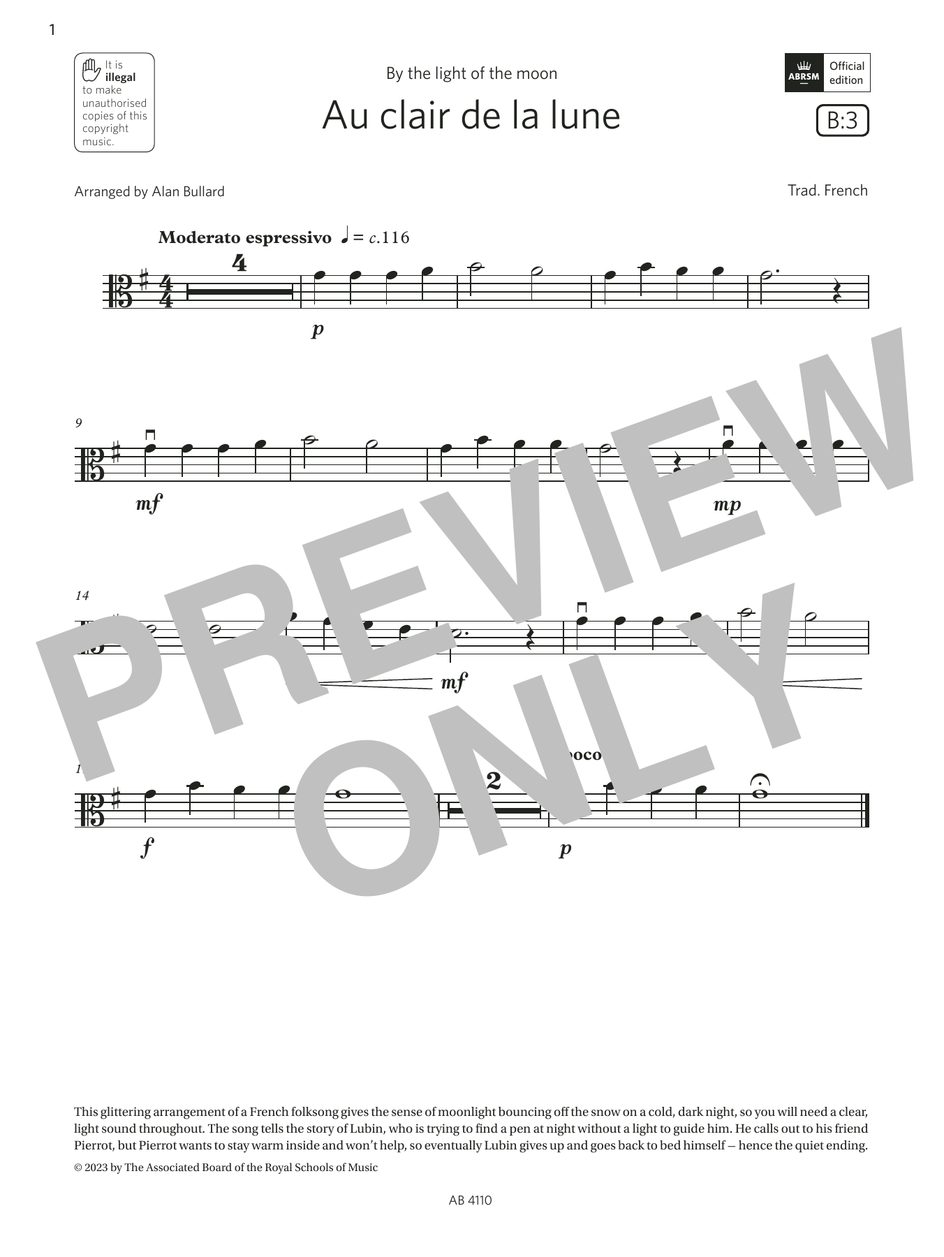 Trad. French Au clair de la lune (Grade Initial, B3, from the ABRSM Viola Syllabus from 2024) sheet music notes and chords arranged for Viola Solo