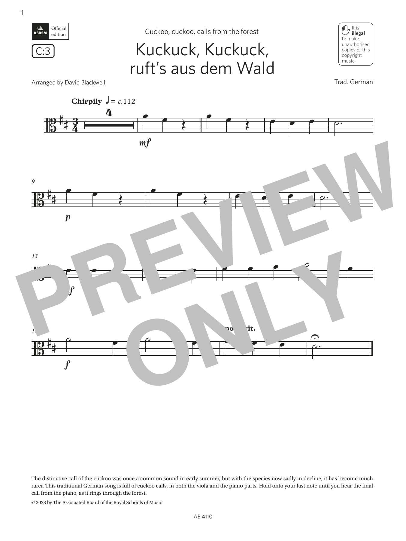 Trad. German Kuckuck, Kuckuck ruft's aus dem Wald (Grade Initial, C3, from the ABRSM Viola Syllabus from 2024) sheet music notes and chords arranged for Viola Solo