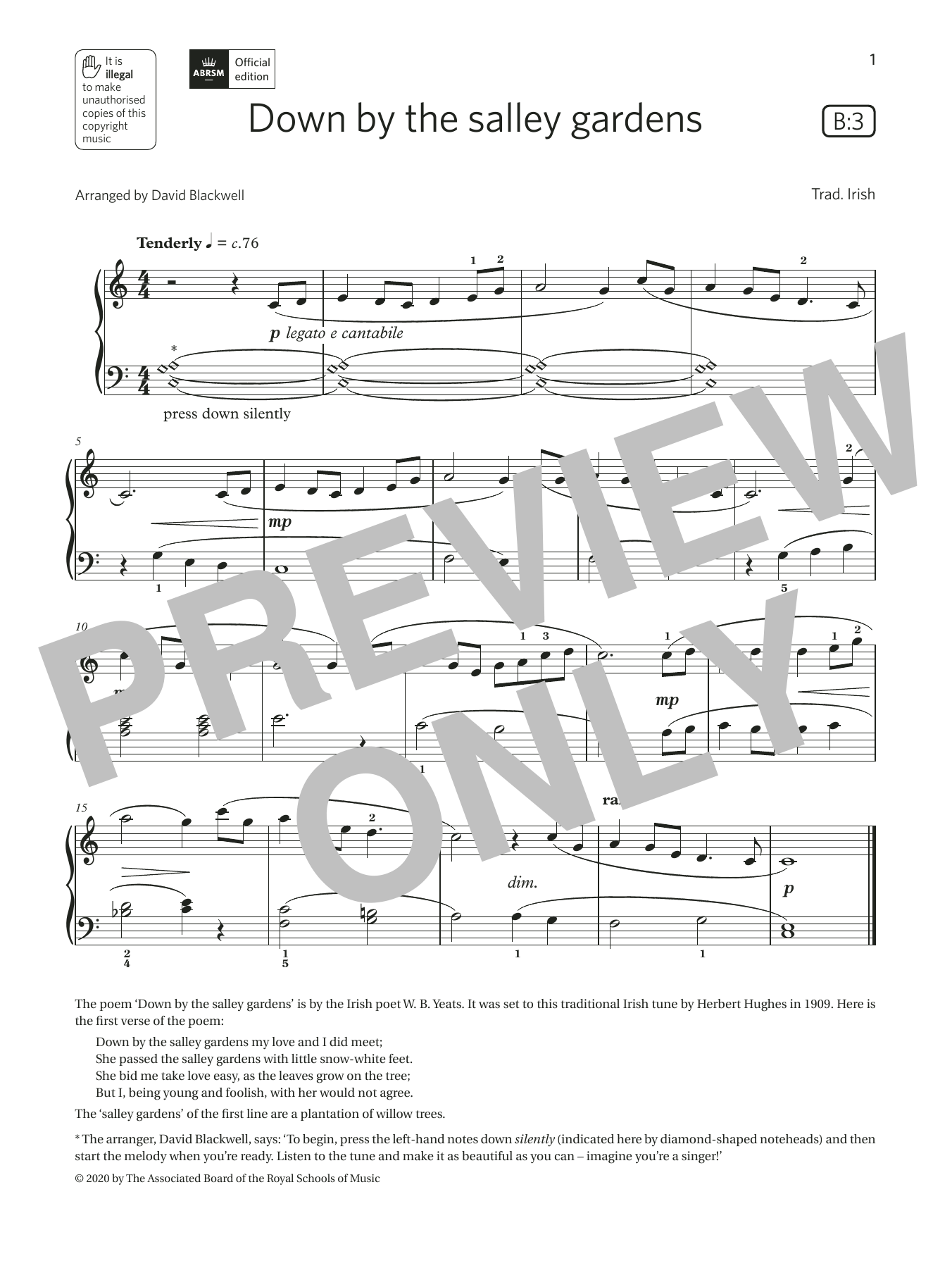 Trad. Irish Down by the salley gardens (Grade 1, list B3, from the ABRSM Piano Syllabus 2021 & 2022) sheet music notes and chords arranged for Piano Solo