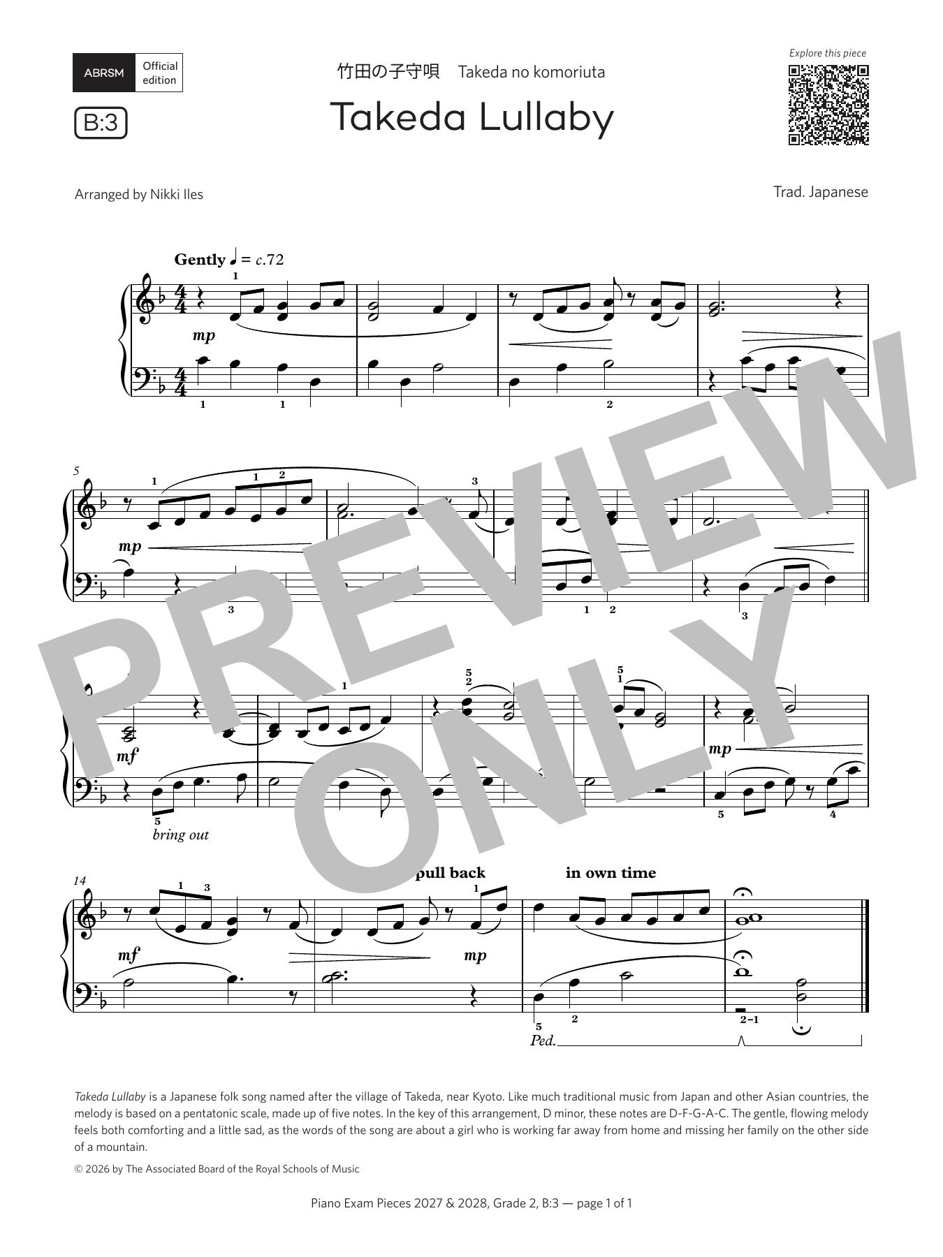 Trad. Japanese Takeda Lullaby (Grade 2, list B3, from the ABRSM Piano Syllabus 2027 & 2028) sheet music notes and chords arranged for Piano Solo