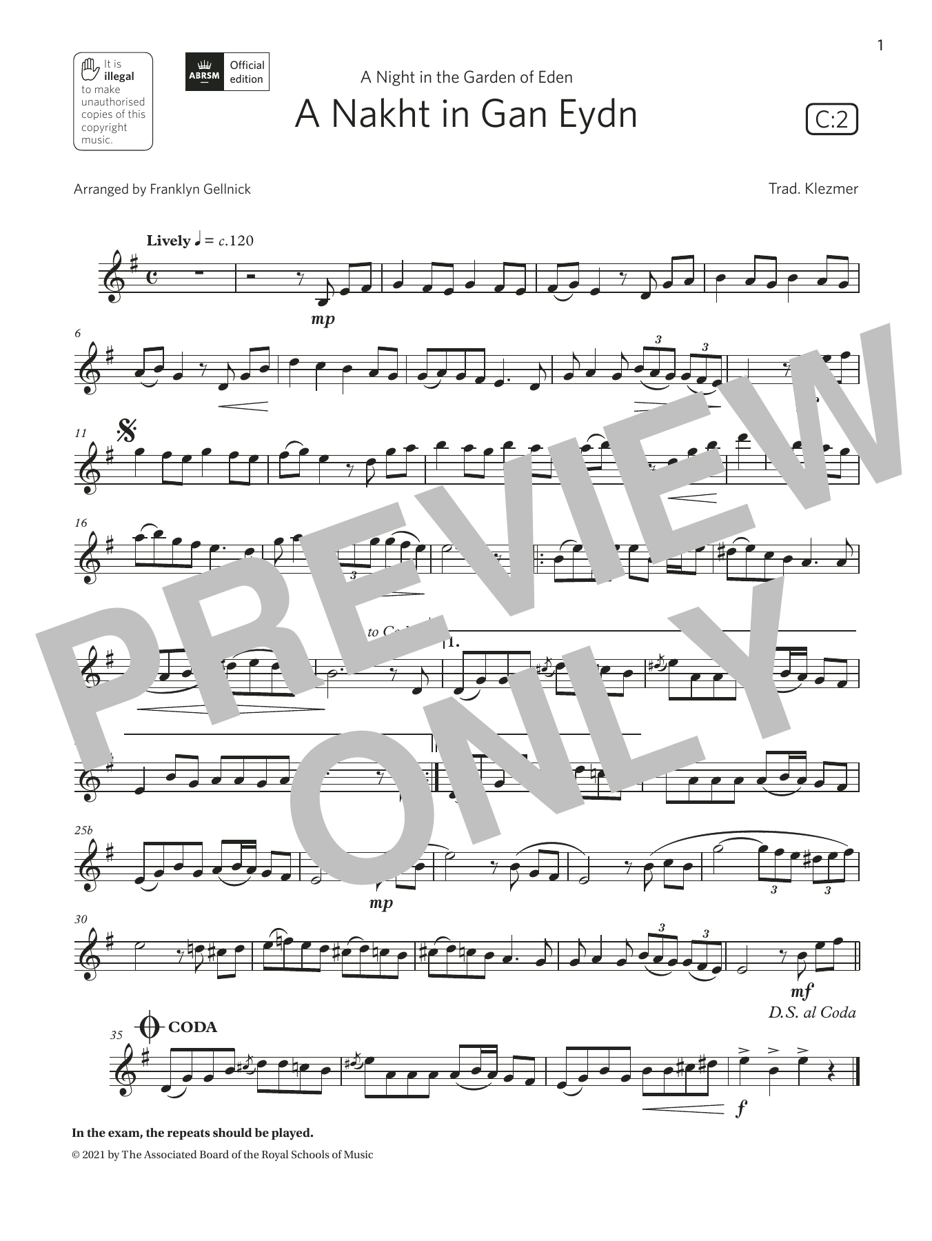 Trad. Klezmer A Nakht in Gan Eydn  (Grade 4 List C2 from the ABRSM Clarinet syllabus from 2022) sheet music notes and chords arranged for Clarinet Solo